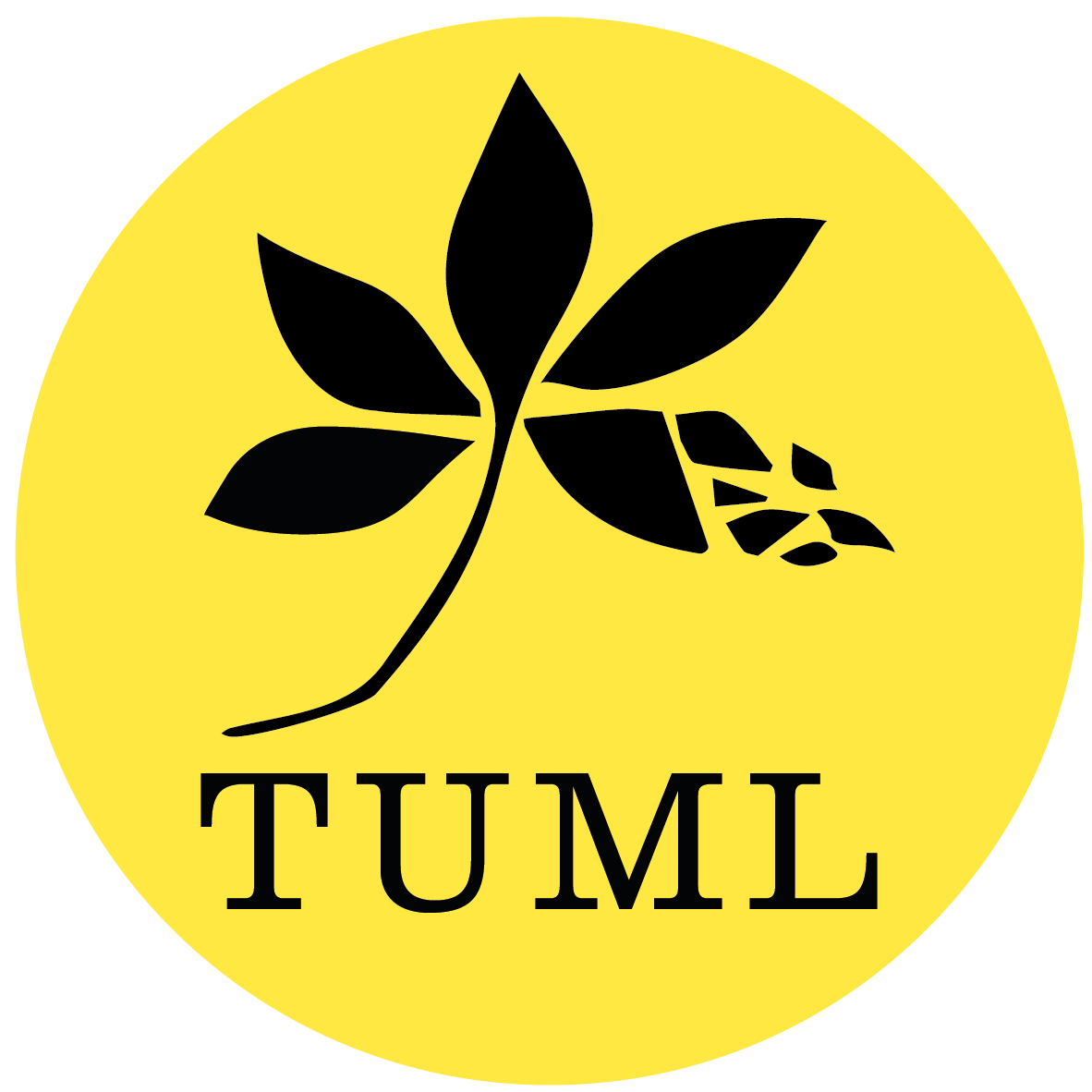 Tuml-Logo in einem gelben Kreis. Das Logo zeigt die Umrisse von einem Blatt. Darunter steht Tuml in Großbuchstaben.